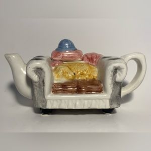 Mini Teapot Dog Asleep On Couch Miniature Novelty Decorative Hand Painted W/ Lid